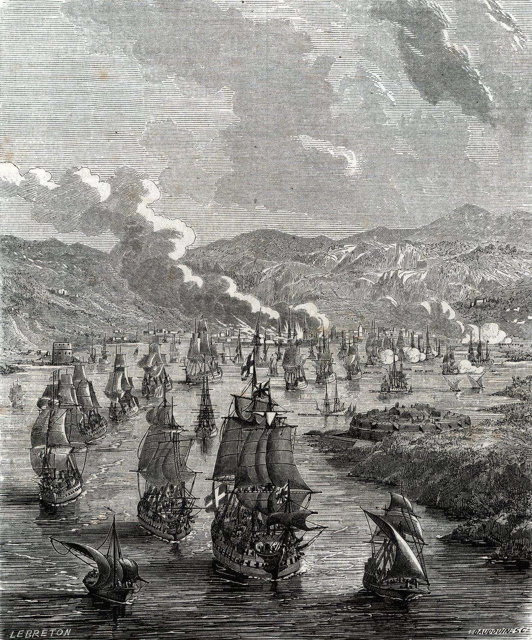 Assedio di Tolone dal 29 luglio al 21 agosto 1707 durante la Guerra di Successione Spagnola quando una forza alleata di terra e mare assediò la base navale francese a Tolone (incisione) da French School