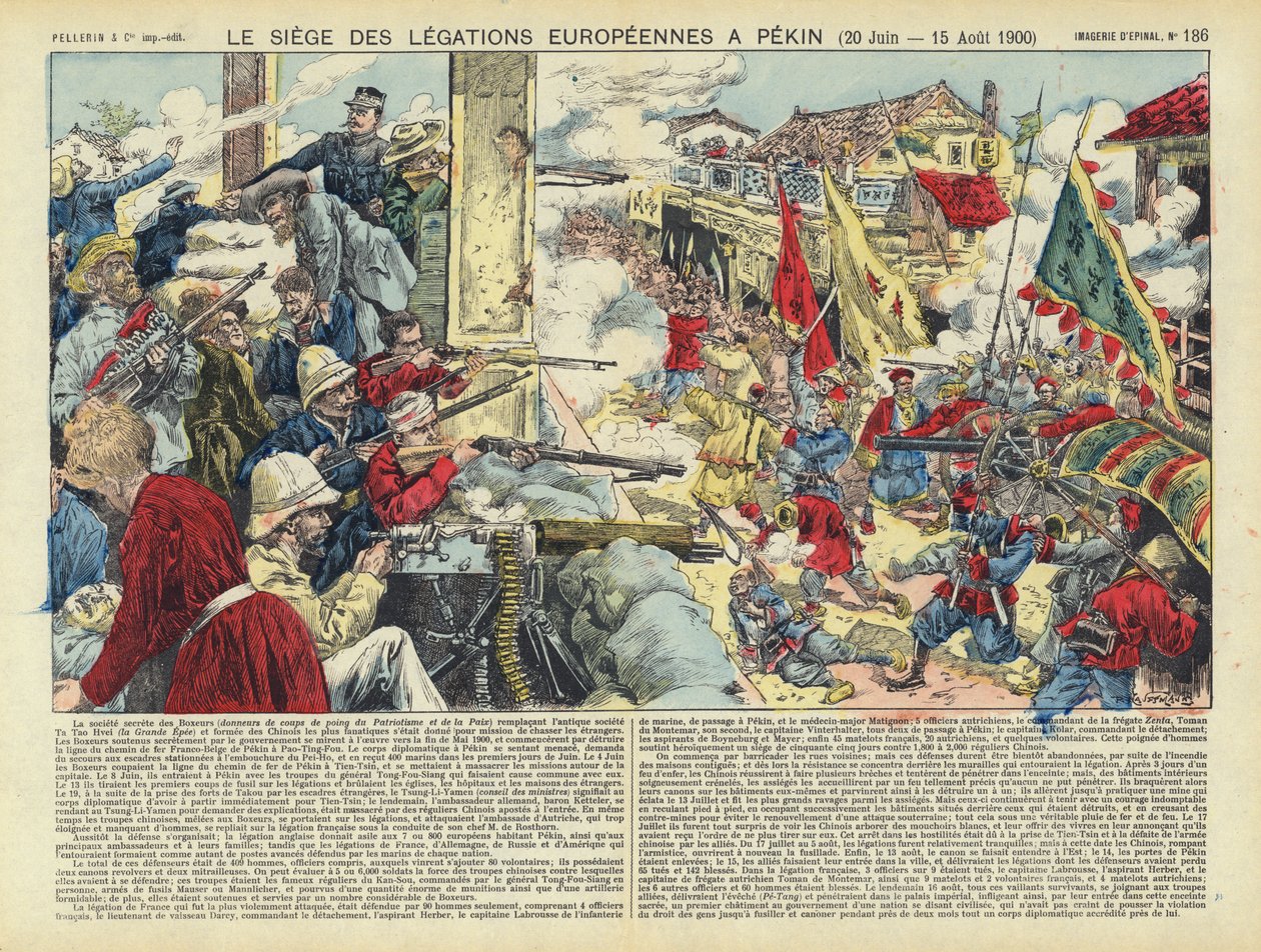 Assedio delle legazioni europee a Pechino, rivolta dei Boxer, Cina, 20 giugno - 15 agosto 1900 (litografia a colori) da French School