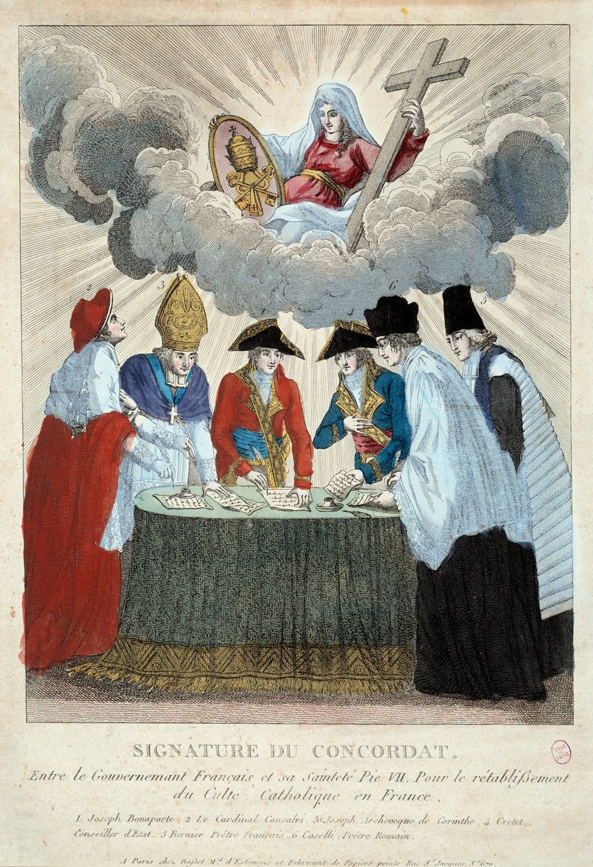 Firma del Concordato del 1801 il 15/07/1801: firmato tra il governo francese (qui rappresentato da Giuseppe Bonaparte) e la Santa Sede (rappresentata dal cardinale Consalvi per Papa Pio VII). 1801 Parigi, Museo Carnavalet da French School