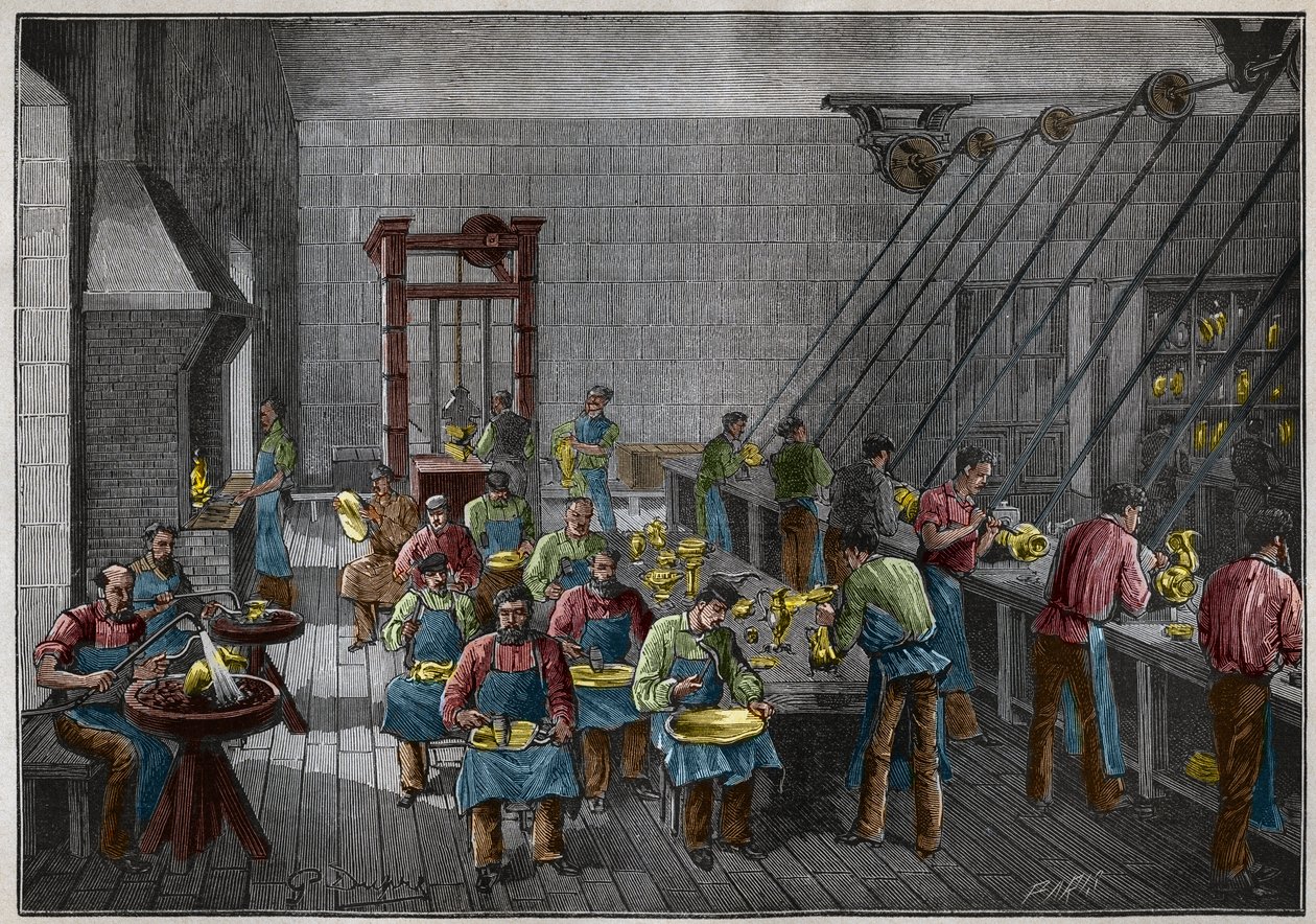 Laboratorio di argenteria in Francia nel XIX secolo. Incisione del 1885 in 