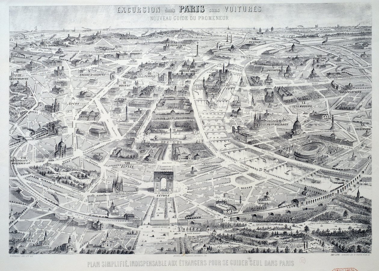 Piano semplificato di Parigi indispensabile per gli stranieri per orientarsi da soli in città. Tavola tratta da “Nuova guida del camminatore, escursione di Parigi senza carrozza” XX secolo Parigi, Museo Carnavalet da French School