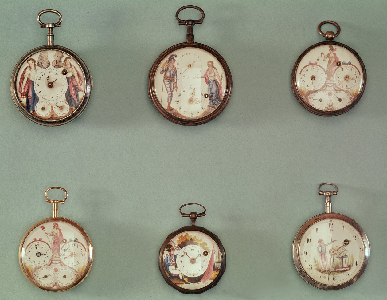 Sei orologi da tasca decorati con simboli rivoluzionari (metallo e smalto) da French School