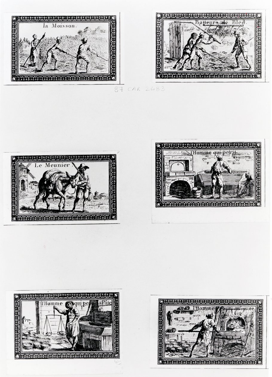 Sei vignette che raffigurano la panificazione da French School