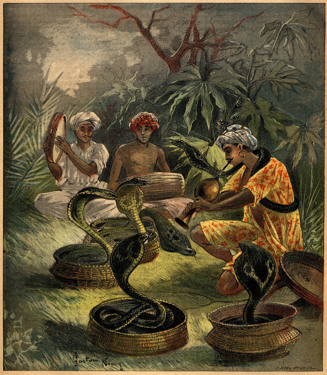 Incantatori di serpenti (cobra) in India. Incisione in 