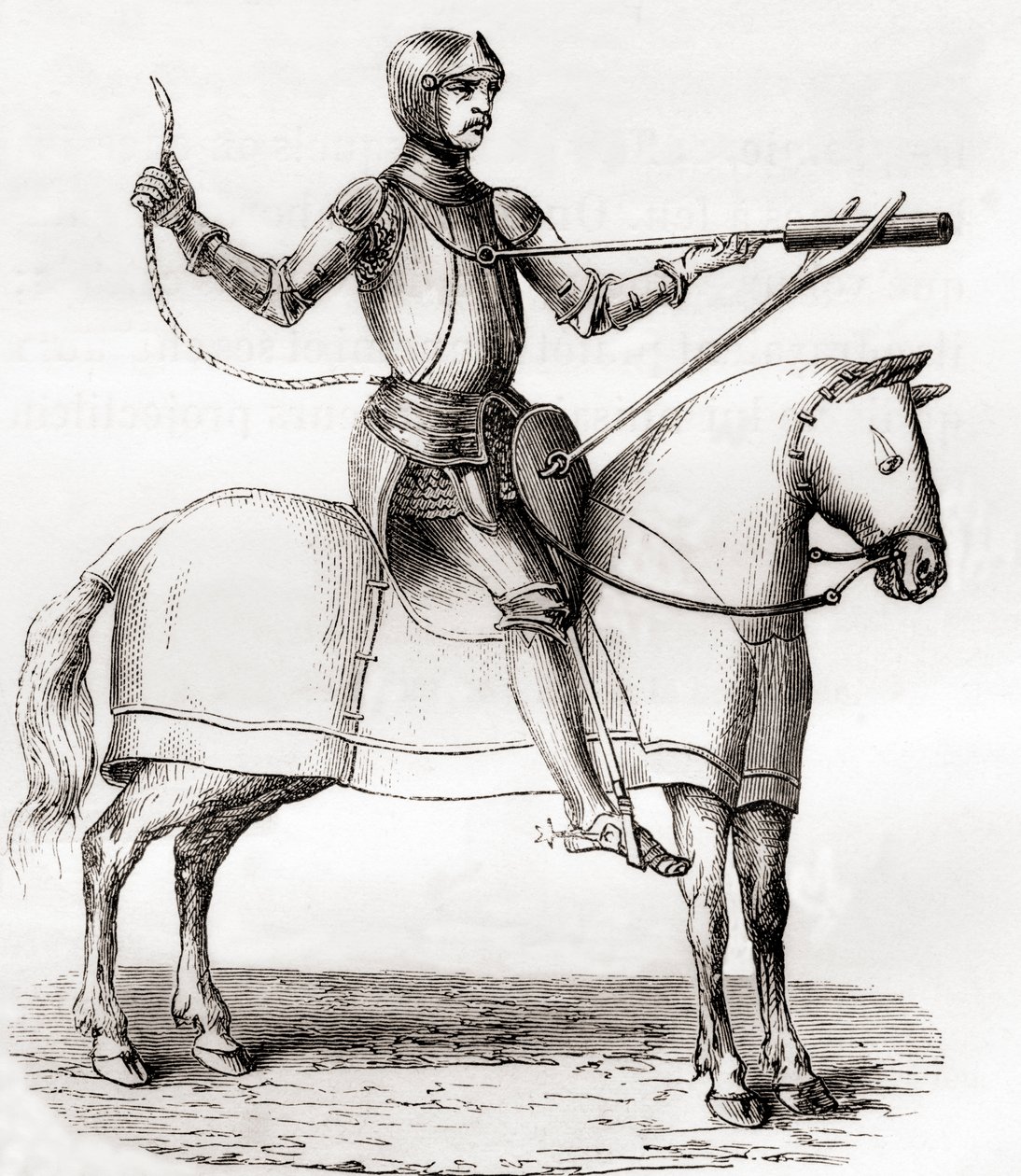 Soldato a cavallo che usa una bombarda a mano, fine XIV e inizio XV secolo, da un disegno del manoscritto di Marianus Jacobus, da Les Merveilles de la Science, pubblicato ca. 1870 (incisione) da French School