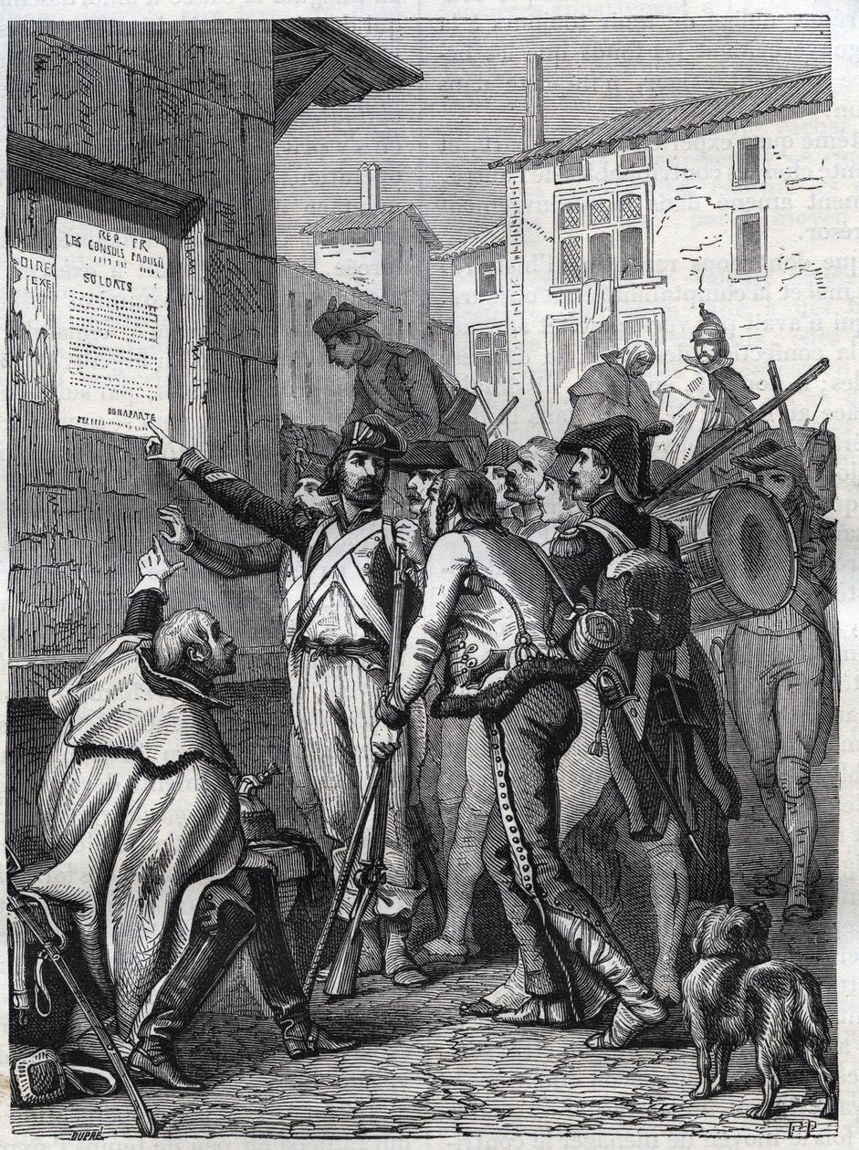 Soldati, i vostri bisogni sono grandi: soldati francesi leggono il proclama del Generale Bonaparte nel novembre 1799 - Incisione del 1865 in "Histoire du Consulat et de l