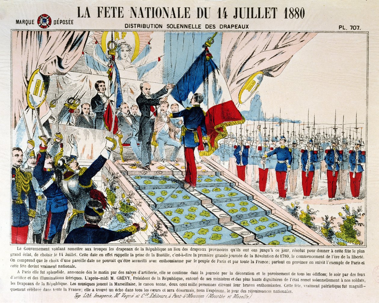 Distribuzione solenne delle bandiere a Longchamp da parte del Presidente Jules Grevy (1807-91), 14 luglio 1880 da French School