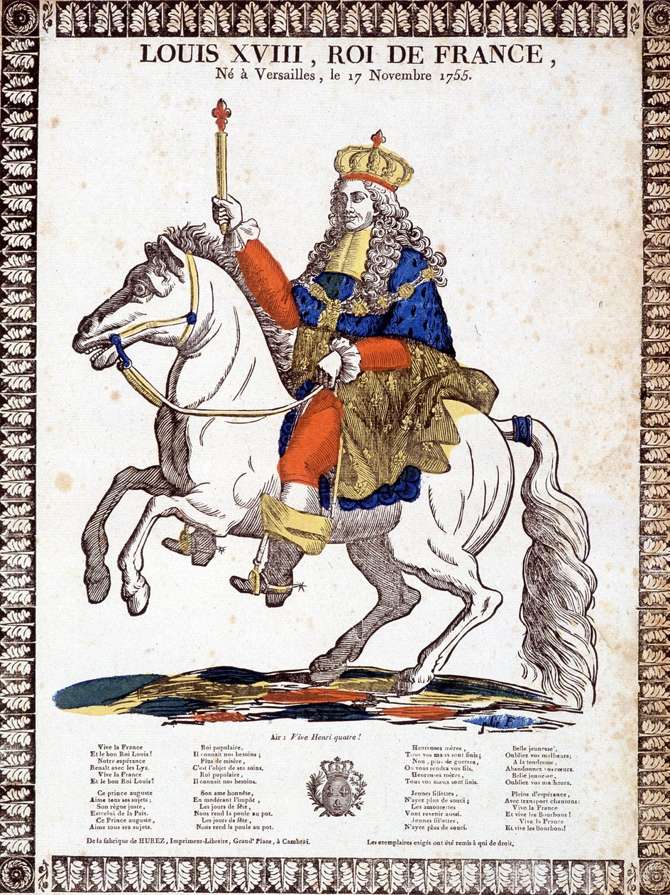 Canzone in onore del re di Francia Luigi XVIII, illustrata da un ritratto equestre del re (incisione) da French School