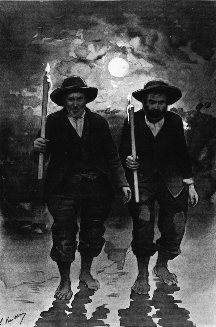 Fonte e malato: due uomini, una notte di luna piena, ciascuno con una candela e a piedi nudi (processione?) da French School
