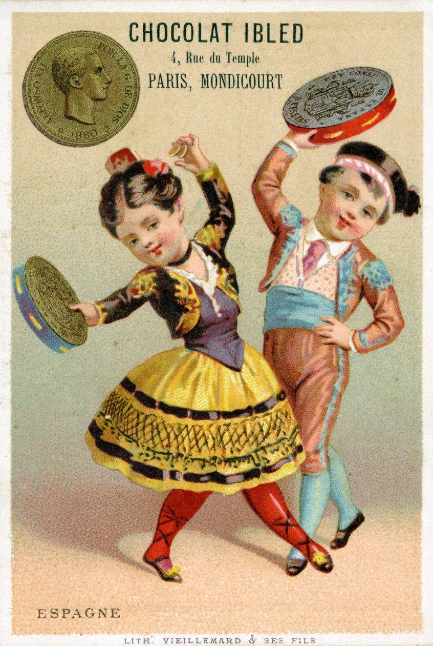 Bambini spagnoli che ballano con tamburelli fatti di pesetas, da una serie di cartoline promozionali sulle valute in diversi paesi, pubblicate a Parigi da Vieillemard per l