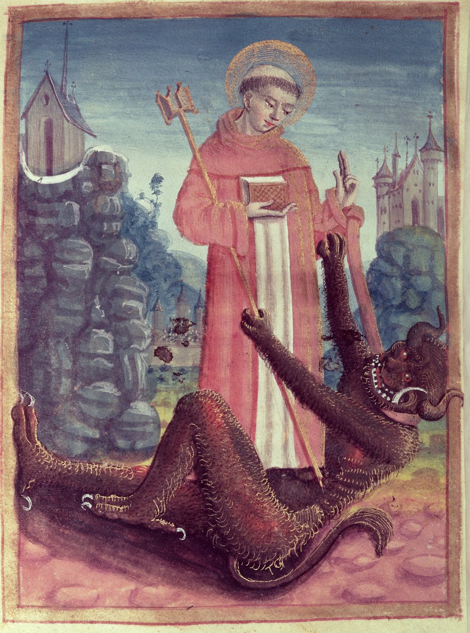 San Bernardo di Menthon (923-1008) che sconfigge un demone, da un Libro d