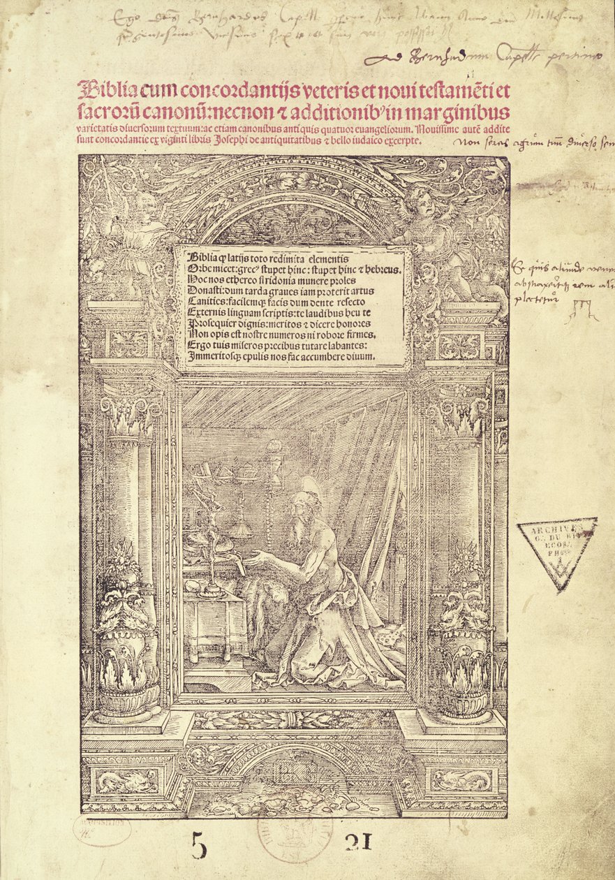San Girolamo nel suo studiolo, frontespizio di una Bibbia, stampato da J. Marion, Lione, 1521 da French School