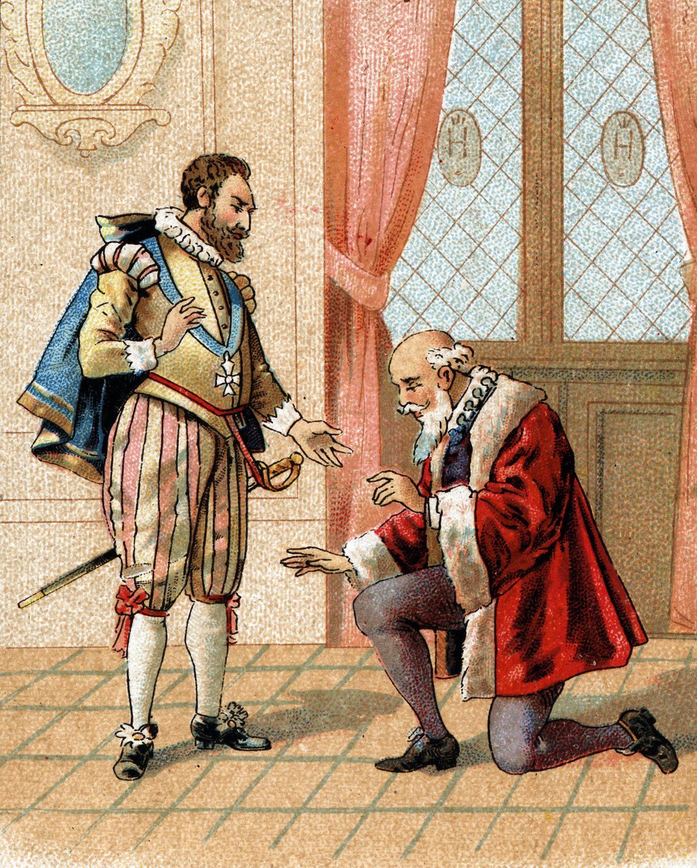 Alzati, amico mio, i tuoi nemici diranno che ti perdono disse il re Enrico IV a Maximilien de Béthune (duca di Sully) (1559-1641) nel 1598 che si era inginocchiato dopo una vivace discussione. da French School