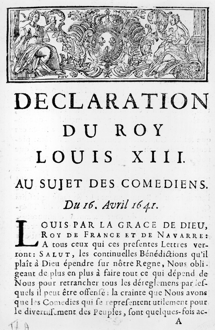Dichiarazione di Luigi XIII (1601-43) sui comici, 16 aprile 1641 da French School