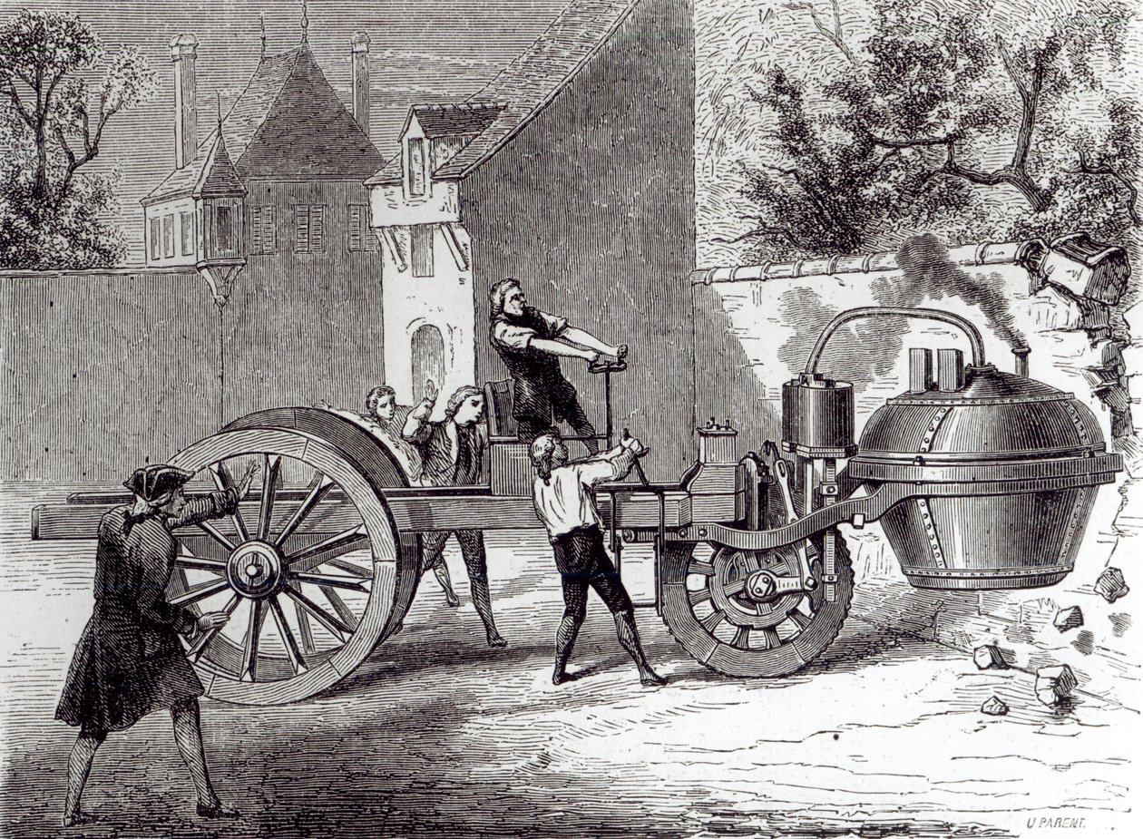 Auto a vapore inventata da Nicolas Joseph Cugnot (1725-1804) nel 1771, 1886 da French School