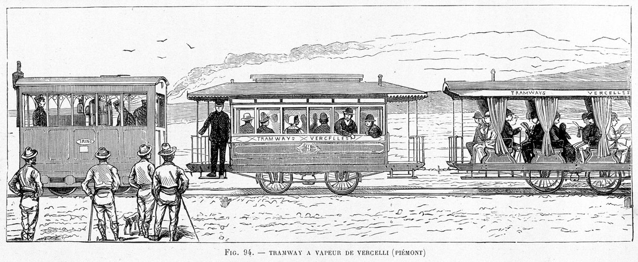 Tram a vapore di Vercelli (Piemonte) - in "Le nuove conquiste della scienza" di Louis Figuier da French School