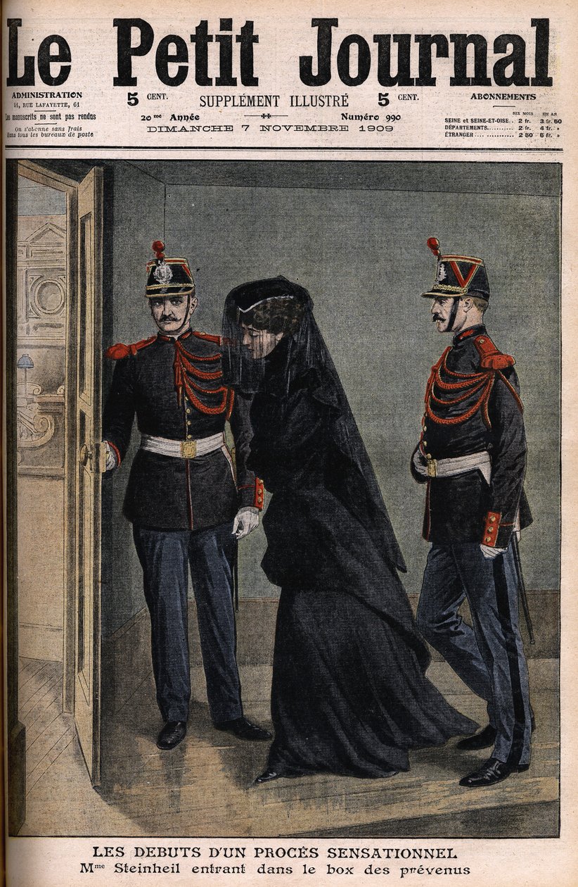 Caso Steinheil: Marguerite Steinheil (1869-1954) entra nel banco degli imputati - Le Petit Journal, 7 novembre da French School