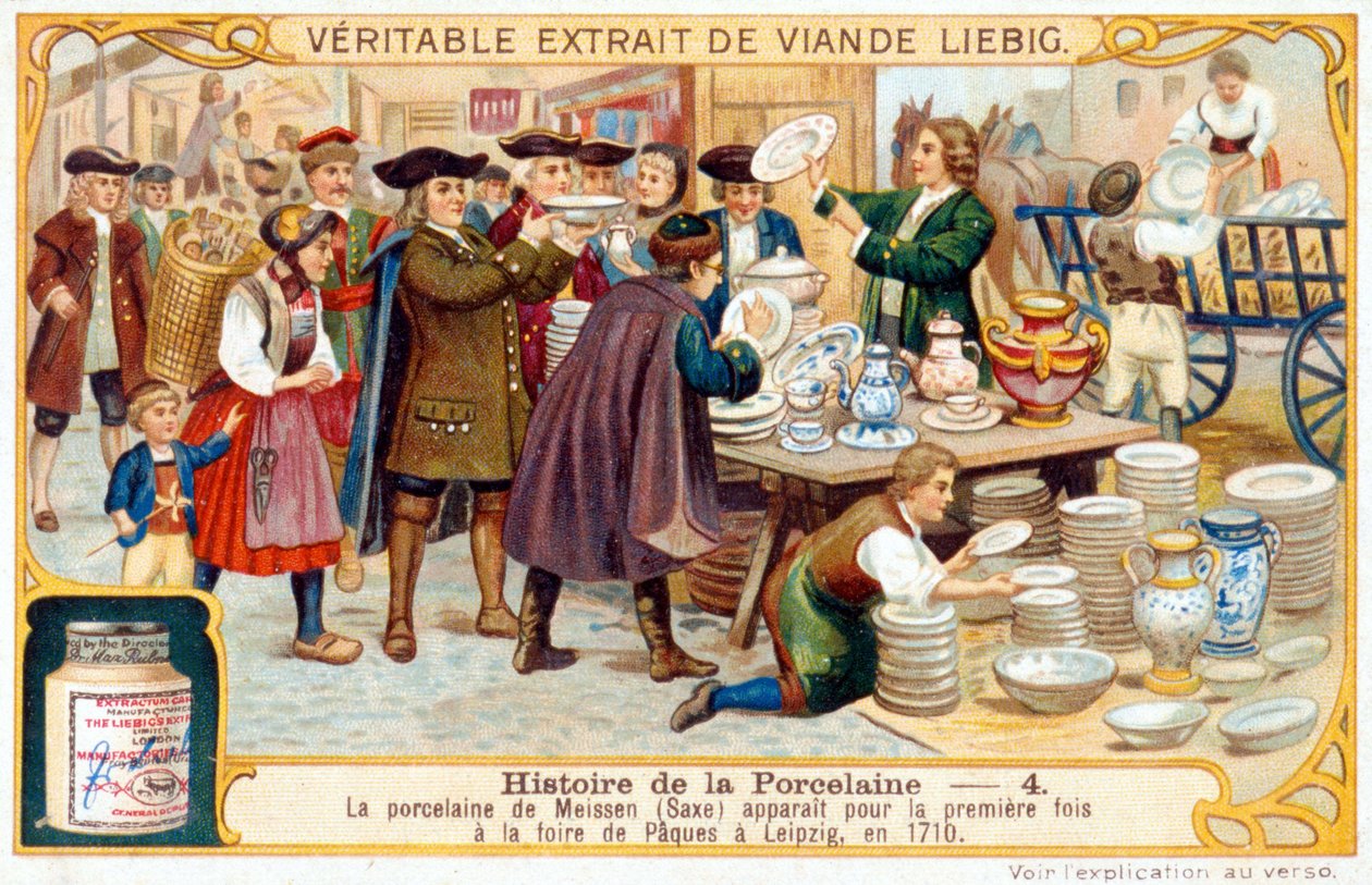 Storia della porcellana n. 4: La porcellana di Meissen (Sassonia) apparve per la prima volta alla Fiera di Pasqua di Lipsia nel 1710. Cromolitografia Liebig da French School
