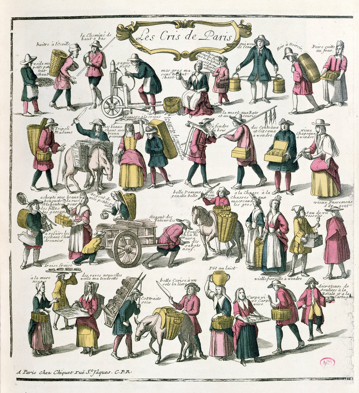 Venditori ambulanti a Parigi, fine XVII secolo (incisione a colori) da French School