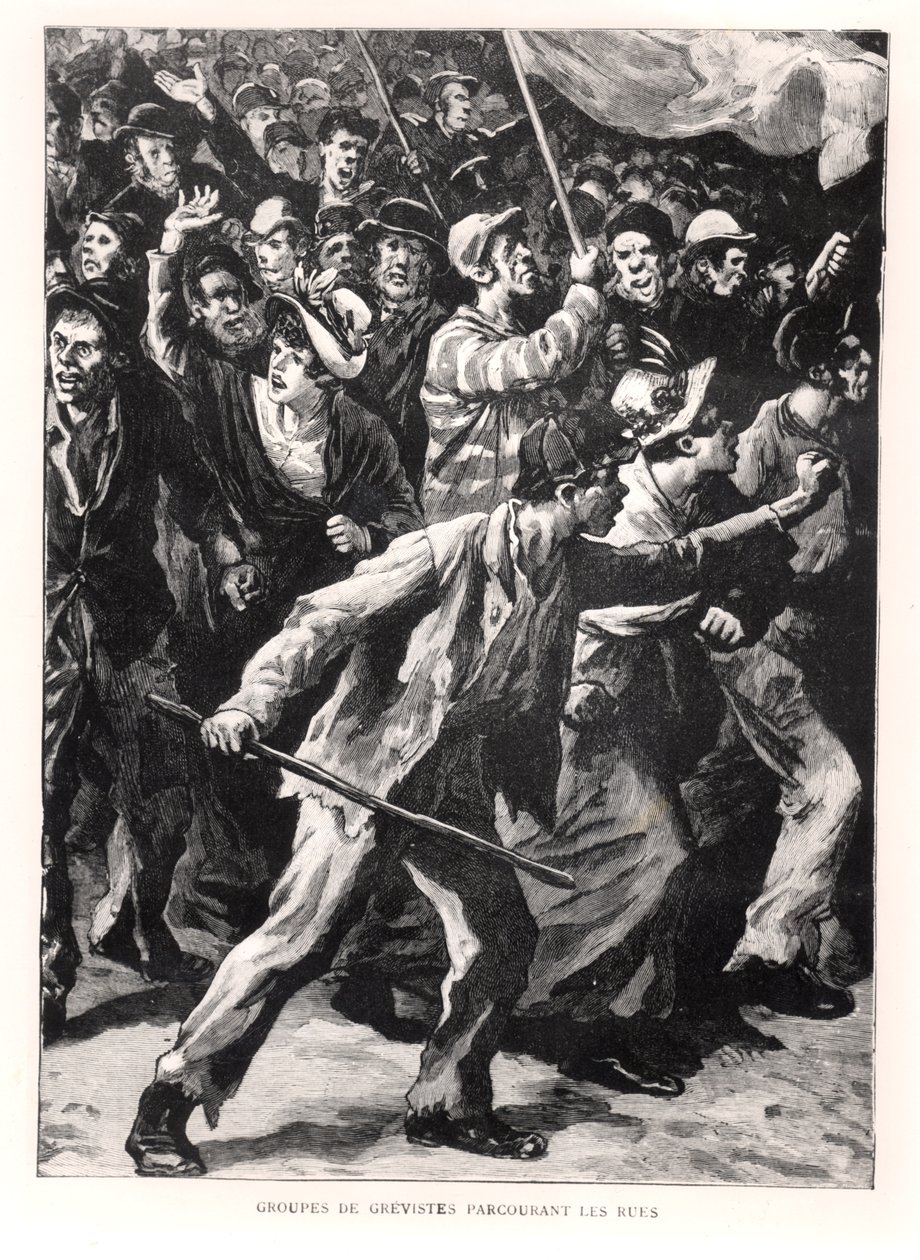 Scioperanti che manifestano per le strade di Chicago durante i disordini di Pullman del 1894, c.1895 da French School