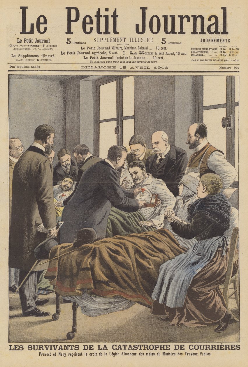 Sopravvissuti al disastro della miniera di Courrieres (litografia a colori) da French School