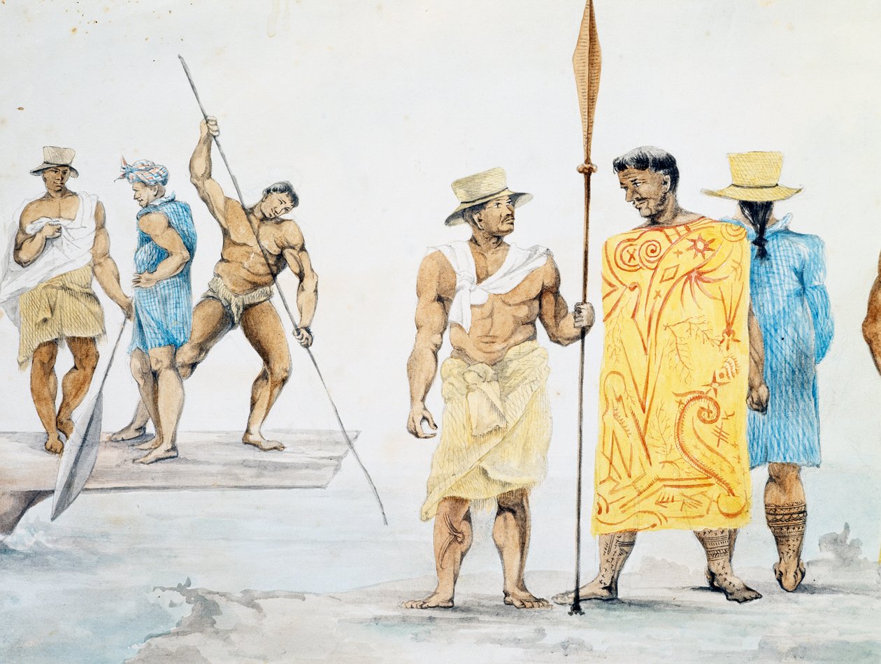 Capi tahitiani che salgono a bordo della Coquille, disegno di Jules-Louis Lejeune, basato su Viaggio intorno al mondo da French School