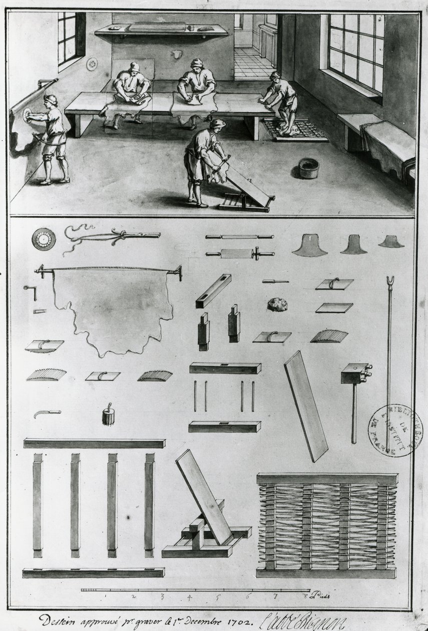 Conciatori, dalle Descrizioni di arti e mestieri di Denis Diderot (1713-84), pubblicato c.1770 (foto in bianco e nero) da French School