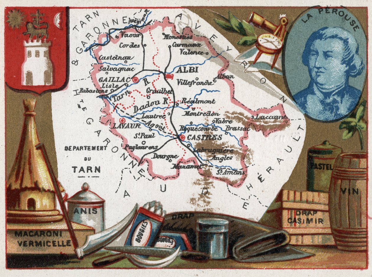 Tarn (81), Midi Pirenei, Francia. Maccheroni e vermicelli, anice, candele, biancheria da letto, pastello e vino. Ritratto di Jean Francois de Galaup, Conte di La Perouse (1741-?), ufficiale di marina. Serie sui dipartimenti francesi. Cromolitografia da French School