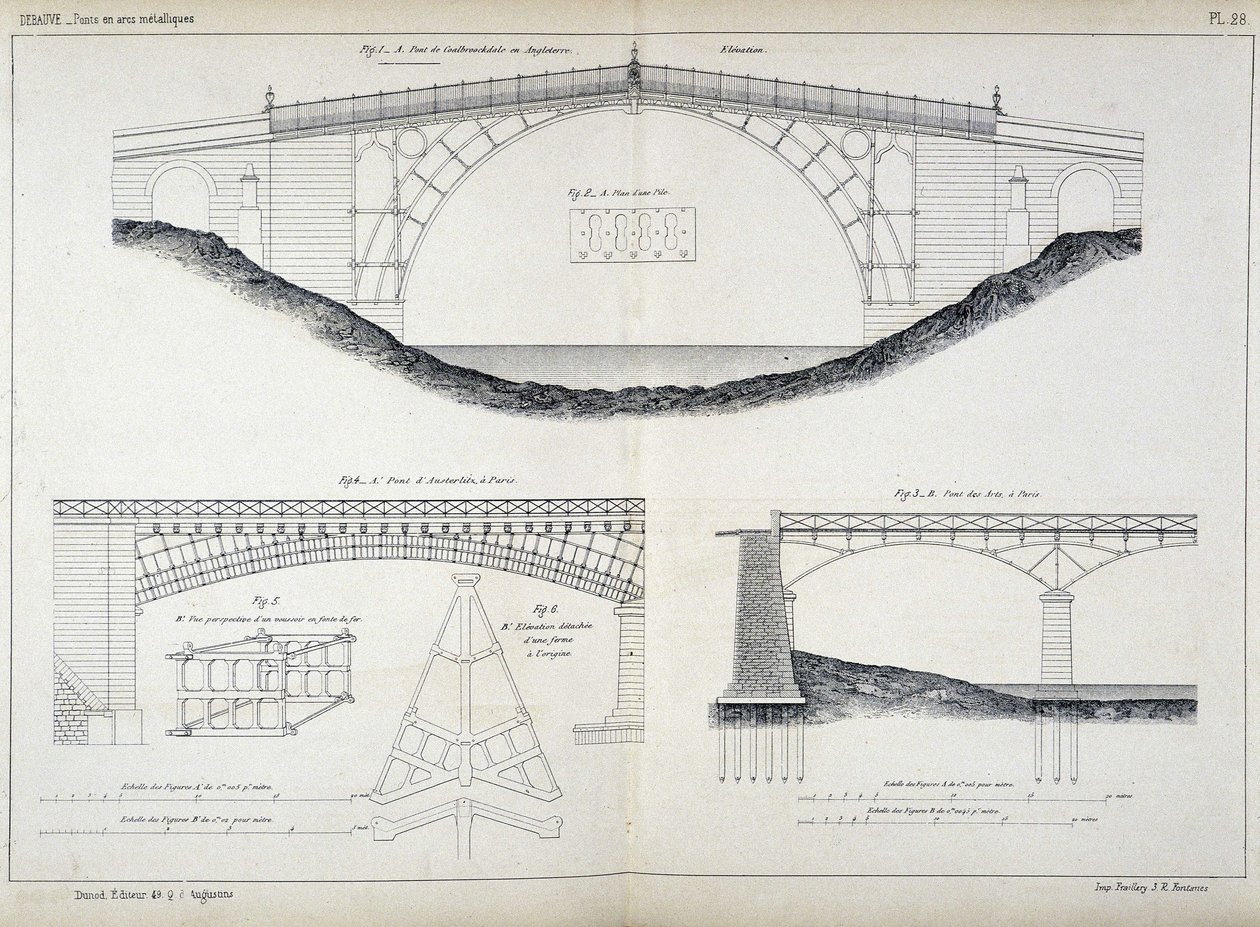 Disegni tecnici dei ponti di Ironbridge a Coalbrookdale (1779, Inghilterra), Austerlitz e Arts a Parigi, tratti dal 