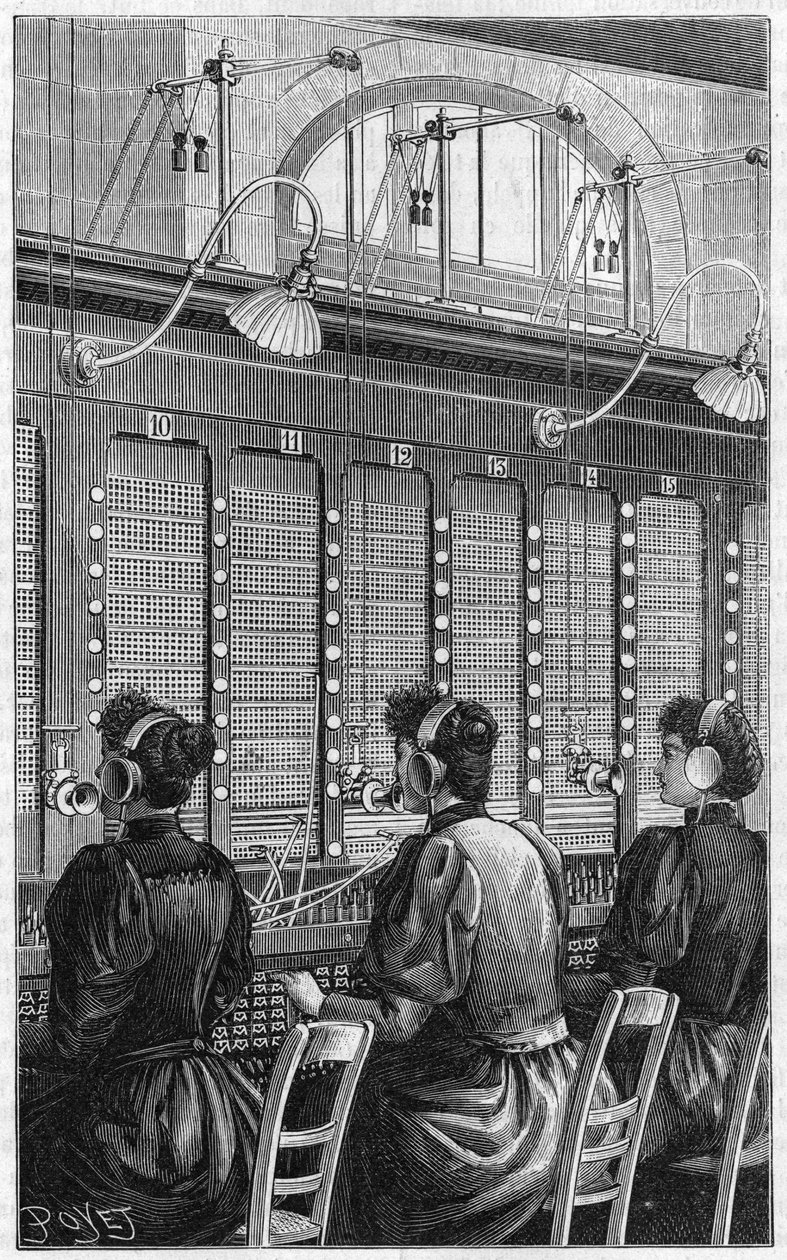 Ufficio telefonico (centralino telefonico) di rue Gutenberg a Parigi nel 1895. Sezione multipla di 240 abbonati serviti da 3 telefoniste. da French School