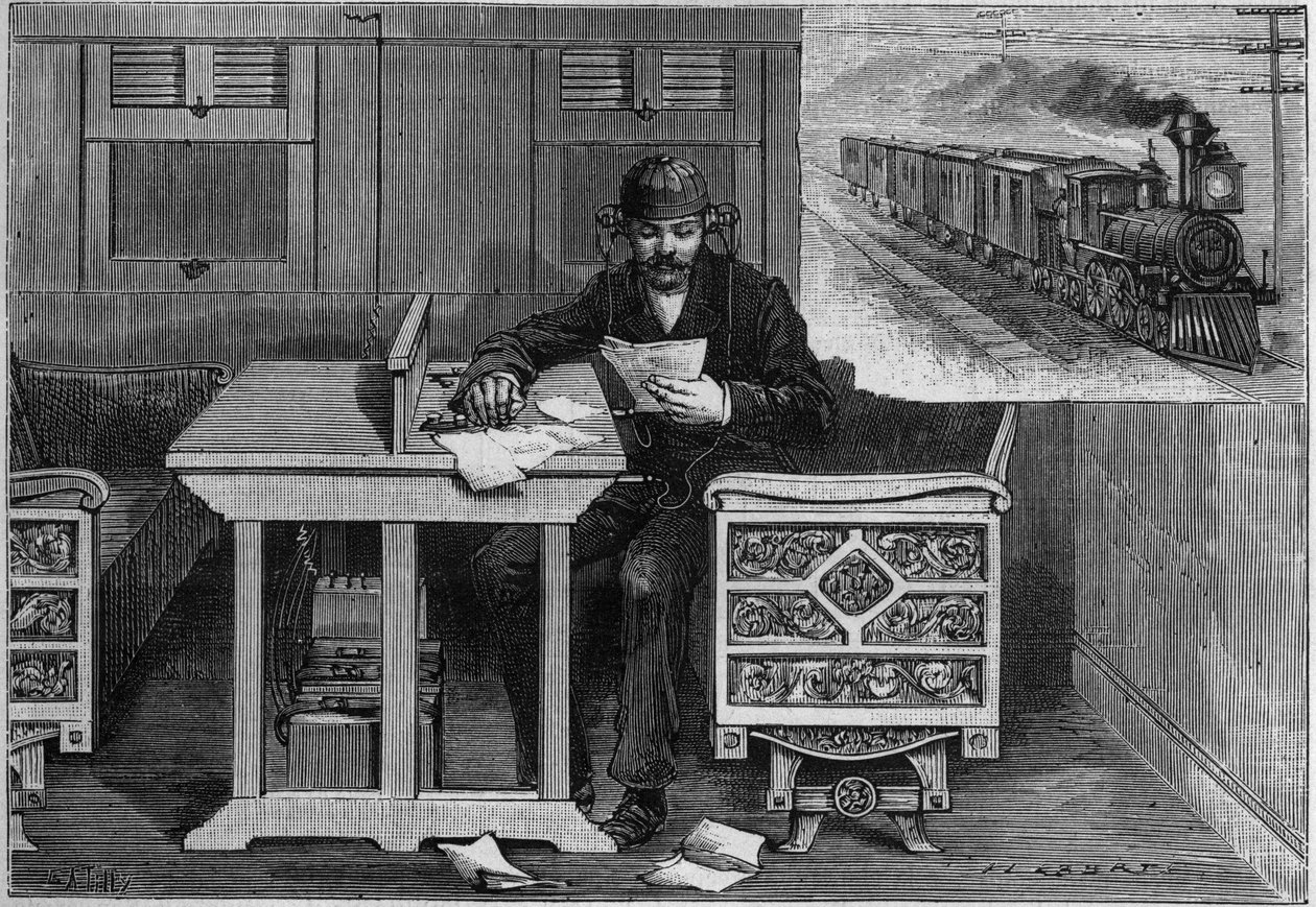 Comunicazioni telefoniche di treni in corsa, sistema di Thomas Edison (1847-1931): un dipendente equipaggiato con apparato telefonico riceve un discorso all