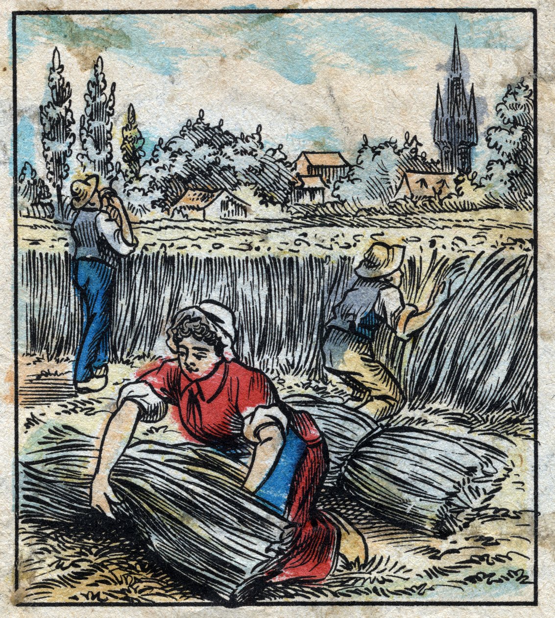 Tessile, lino: agricoltura. Raccolta del lino che viene assemblato in un fascio per essere asciugato. Incisione. Immagine di Epinal fine XIX secolo. da French School