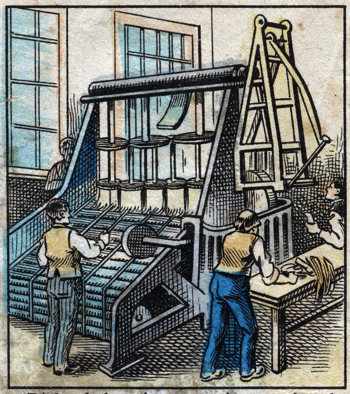 Tessile, lino: il laboratorio. Pettine per rimuovere e lisciare il filato di lino che sarà trasformato in nastri sempre più sottili. Incisione. Immagine di Epinal fine XIX secolo. da French School