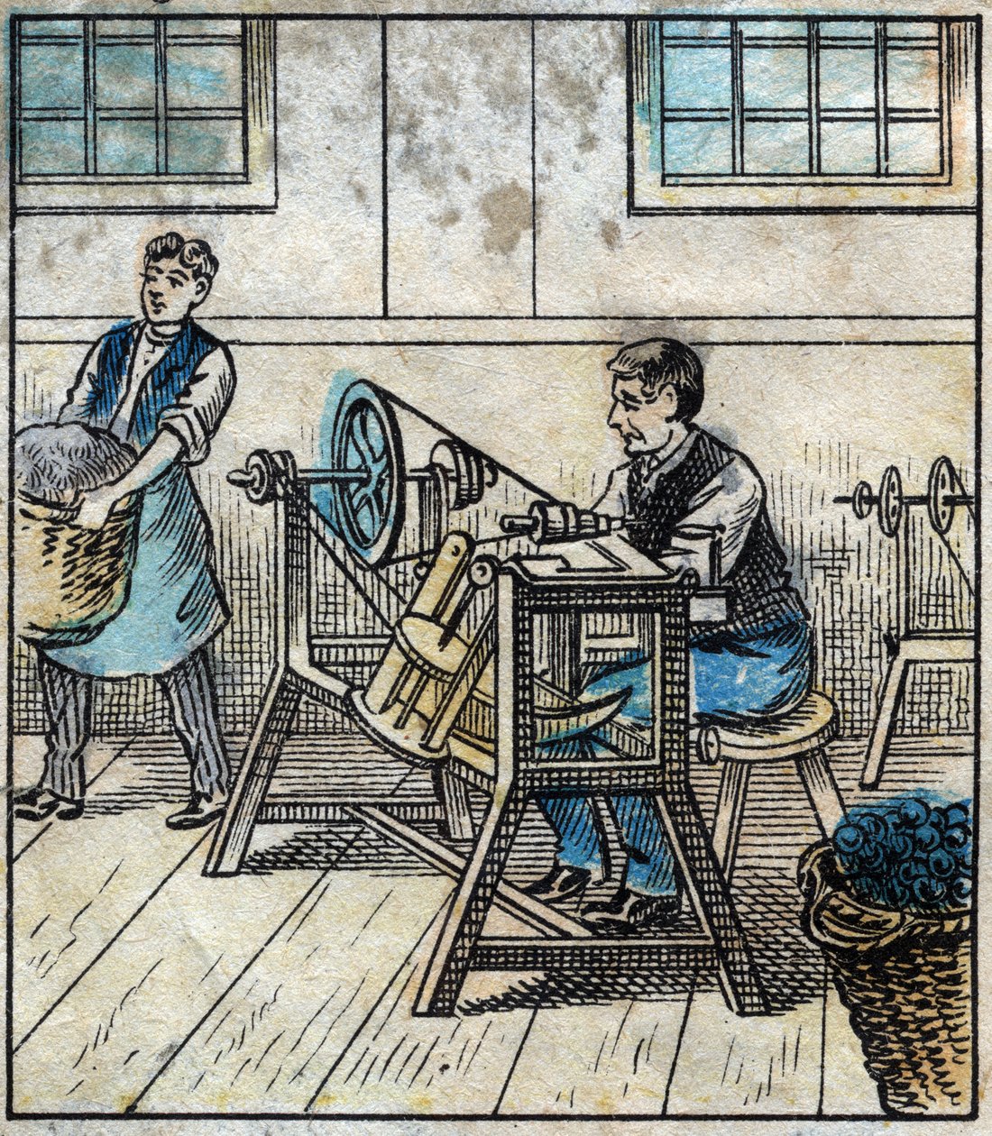 Tessile, lino: laboratorio. Il filo da cucito è disposto su carte o rotoli in una palla. Incisione. Immagine di Epinal fine XIX secolo da French School