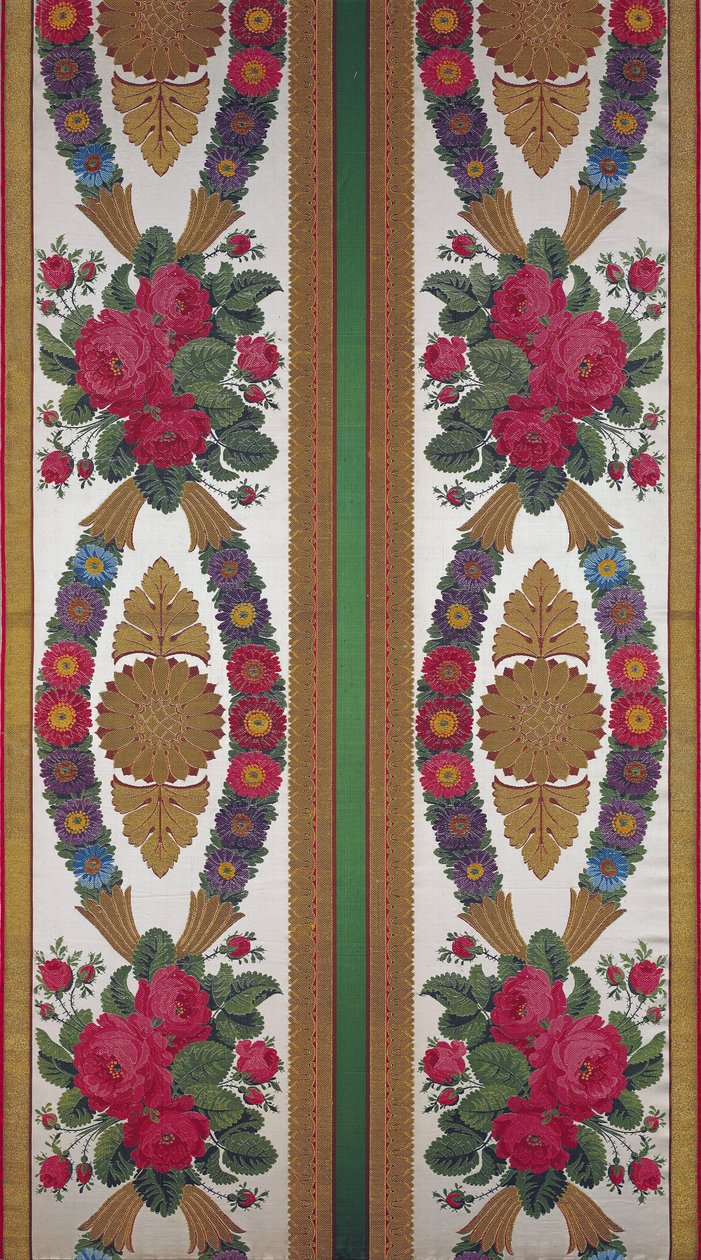Tessuto con ghirlande di margherite e mazzi di rose di Cousin e Bony, Bissardon, Lione, 1811 (raso ricamato) da French School