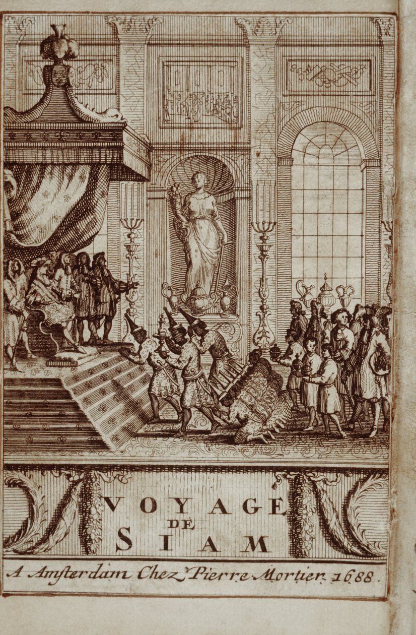 Ambasciatori siamesi ricevuti a Parigi da Luigi XIV, frontespizio di Viaggio in Siam di Guy Tachard, 1688 da French School