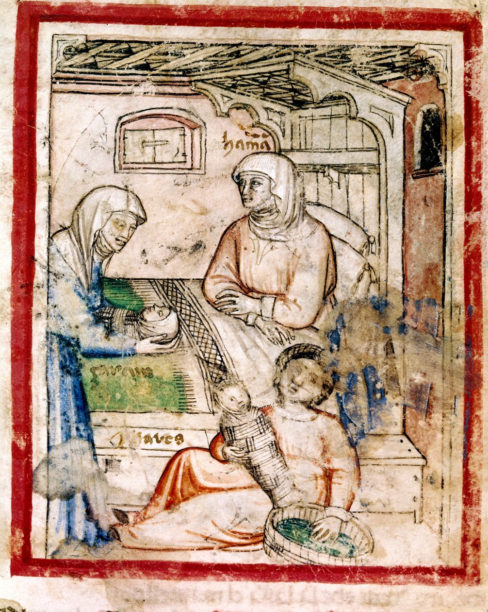 Thamar (Tamar) dà alla luce due gemelli, Perets e Zerah, figli di Giuda, Miniatura dal codice 212 (o codice padovano o Bibbia di Padova), 1390-1400 da French School