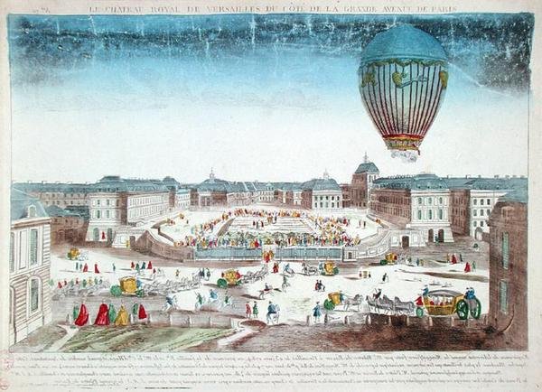 Il viaggio in mongolfiera di François Pilâtre de Rozier (1754-96) sopra il Castello di Versailles, 23 giugno da French School