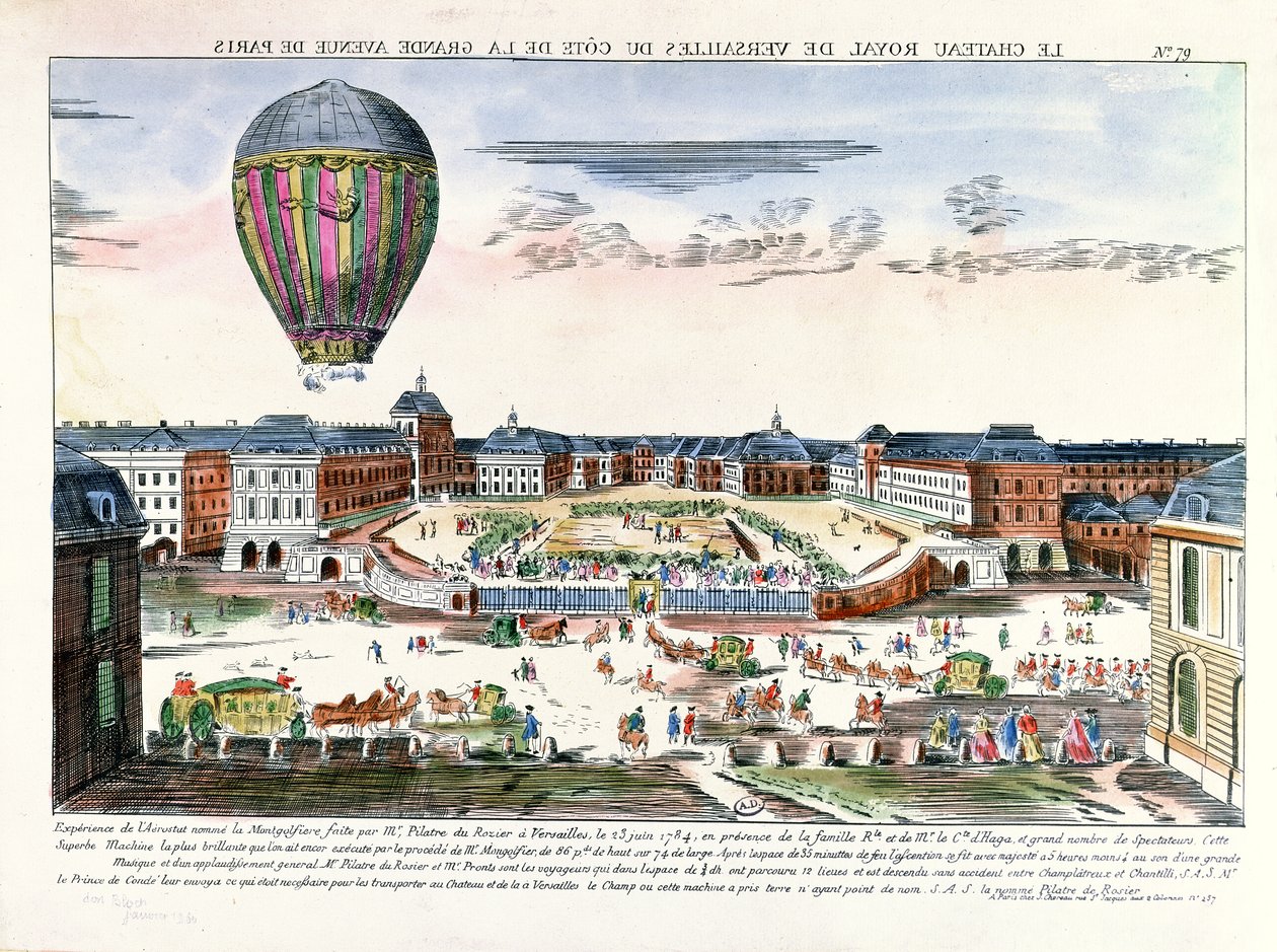Il viaggio in mongolfiera di Francois Pilatre de Rozier (1754-96) sopra il Chateau de Versailles, 23 giugno 1784 da French School