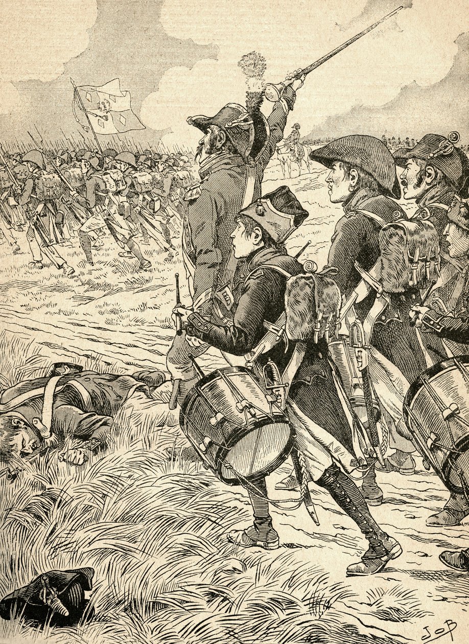 La battaglia di Marengo, Italia nel 1800, combattuta tra le forze francesi sotto Napoleone Bonaparte e gli austriaci. Da Agenda Buvard du Bon Marche pubblicato nel 1917 da French School