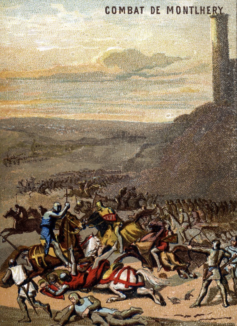 La battaglia di Montlhery (1227): I regni e la feudalità - Bianca di Castiglia, reggente di suo figlio Luigi IX, doma la rivolta dei grandi feudatari. Cromolitografia della Serie "Patriotic Education through Image" da French School