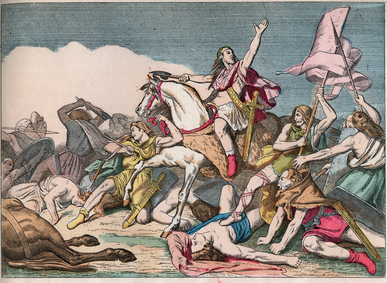 La battaglia di Tolbiac, vittoria di Clodoveo (466-511) sugli Alemanni (496) - Clodoveo I (466-511) alla battaglia di Tolbiac, 496 d.C. - Incisione della fine del XIX secolo in "Nos Gires Nationales - Images et recits" da French School