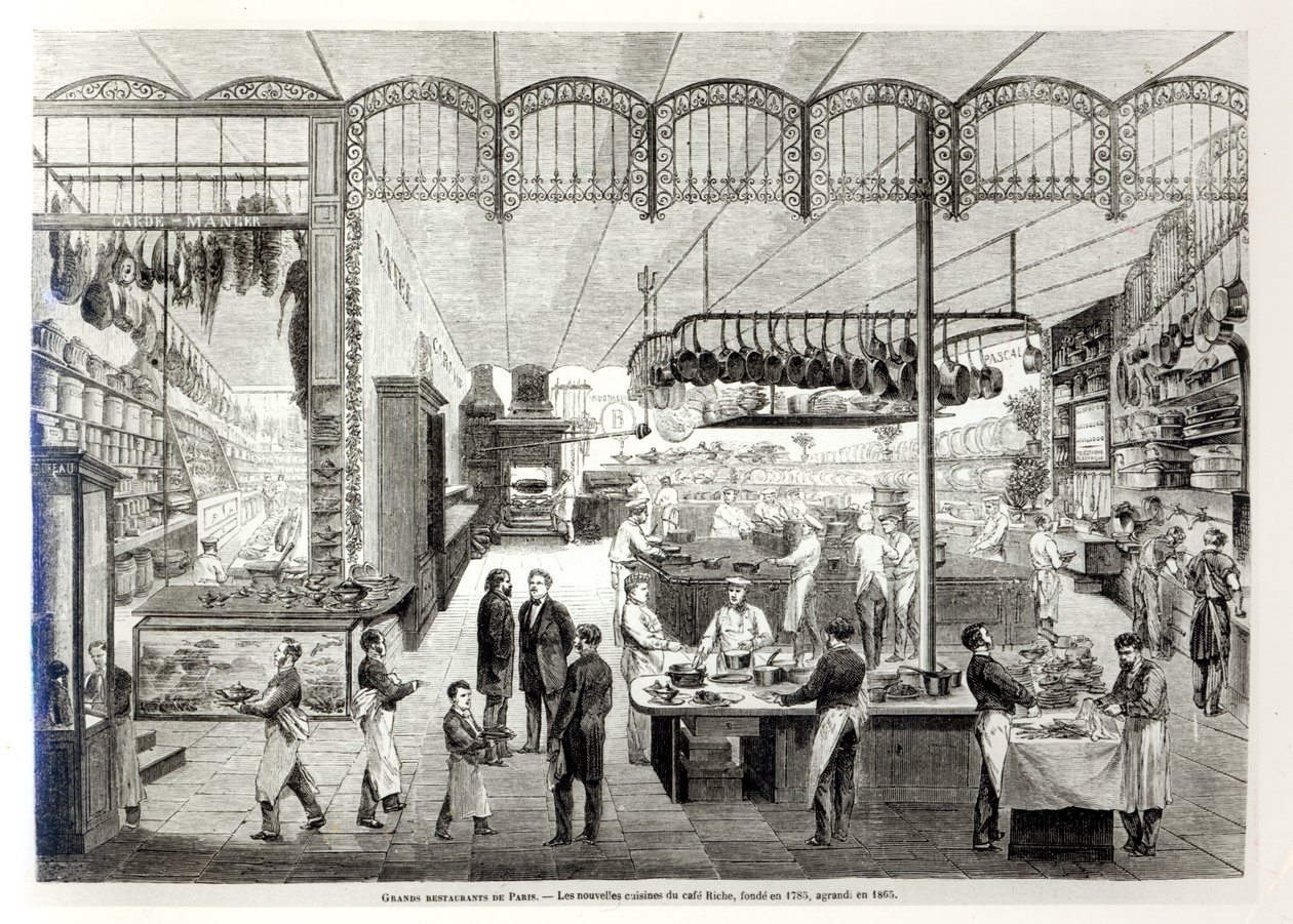 Le nuove cucine del Café Riche, 1866 da French School
