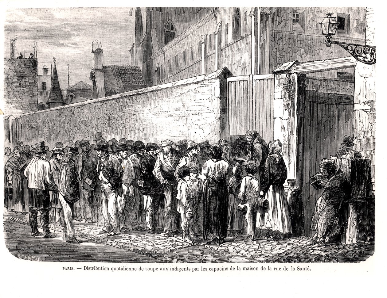 I Cappuccini di rue de la Sante distribuiscono la zuppa quotidiana ai poveri, da Le Monde Illustré, 1860 da French School