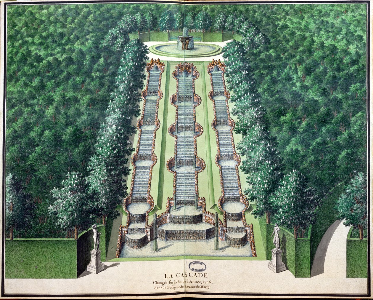 La Cascata, modificata alla fine del 1706, nel boschetto sulla collina, da Gardens of Marly, inizio XVIII secolo da French School