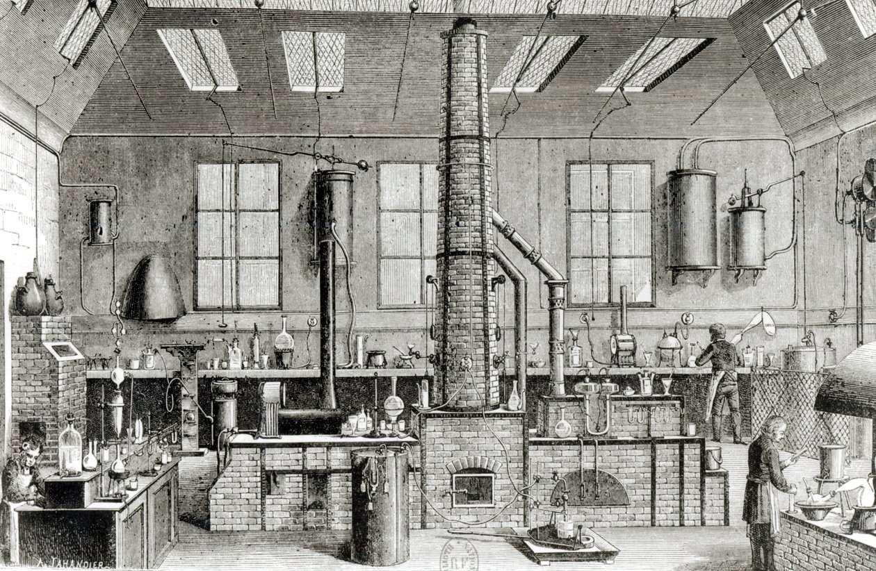 Il laboratorio di chimica di una scuola a Parigi, da Almanach du Magasin Pittoresque, 1870 da French School