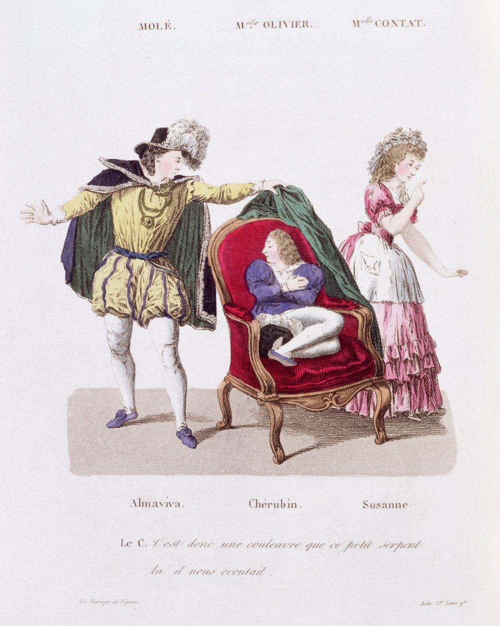 Il Conte scopre Cherubino, Atto I Scena 9 da Le Nozze di Figaro di Pierre Augustin Caron de Beaumarchais (1732-99) da French School
