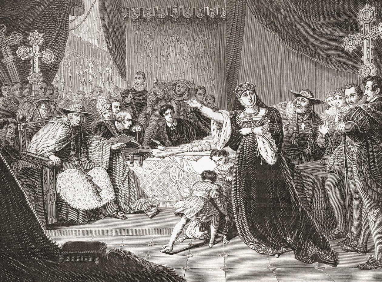 Il tribunale per il processo della regina Caterina di George Henry Harlow, con Mrs. Siddons come regina Caterina in Enrico VIII di Shakespeare da French School