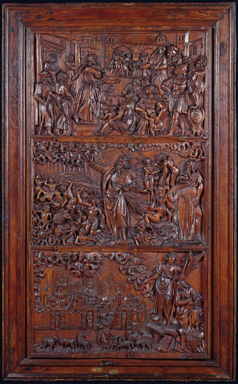 Il Credo, Pannello IV: La Remissione dei Peccati, Visione delle Ossa Secche di Ezechiele e Visione di Gerusalemme di San Giovanni, 1587 da French School