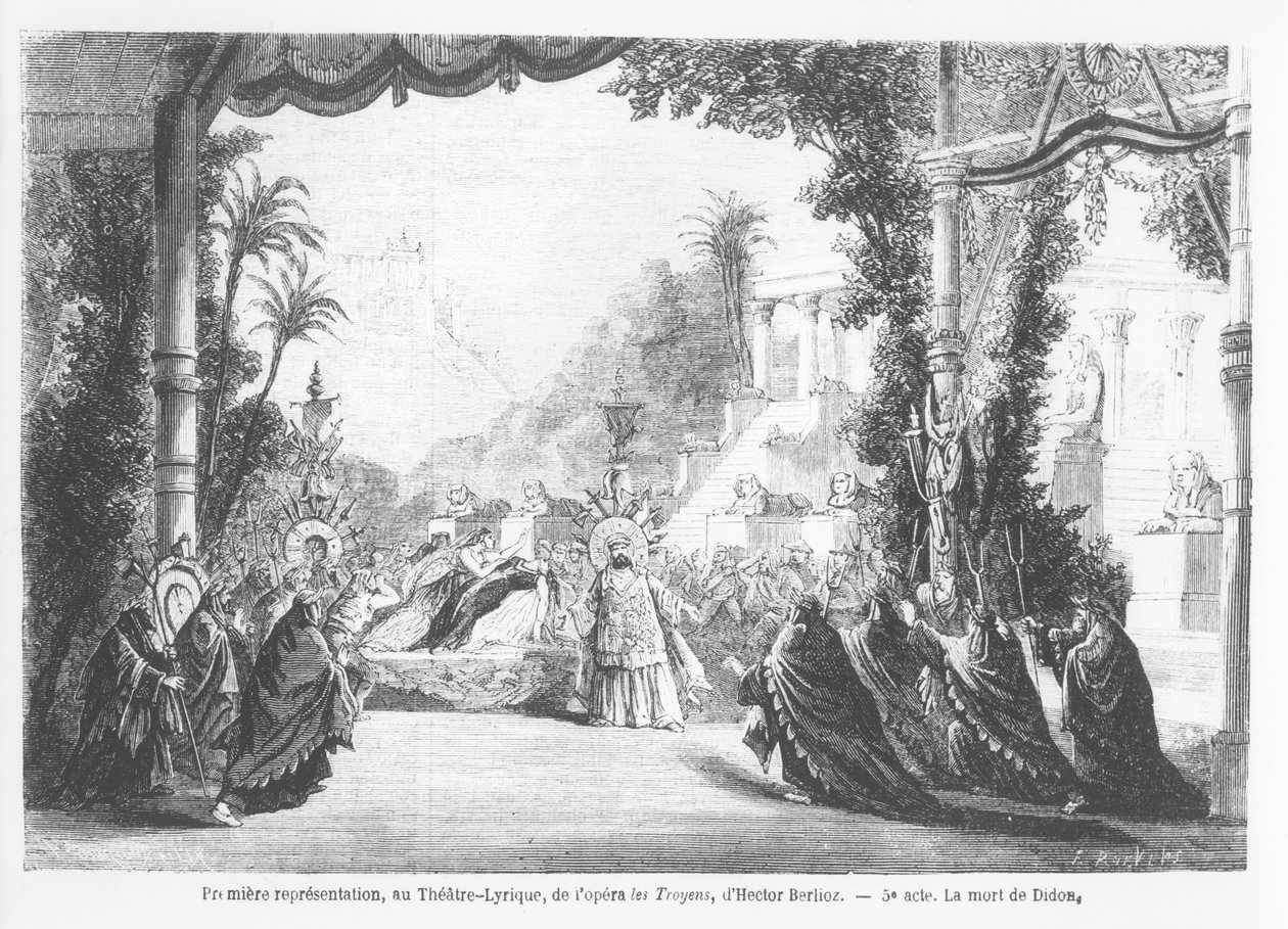 La morte di Didone, prima rappresentazione di Les Troyens di Hector Berlioz al Théâtre Lyrique, Parigi, da Le Monde Illustré, 14 novembre 1863 da French School